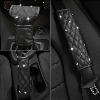 

Bling Bling Diamond Crown Crystal Car Seat Belt Pad Rhinestones Leather Gear Shifter Cover Handbrake Set car Interior Accessorie