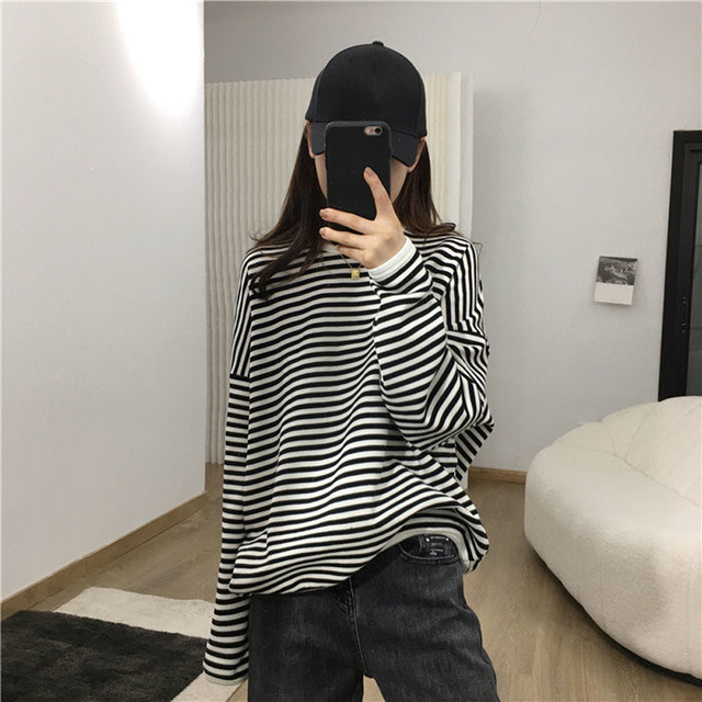 New Striped Women Sweatshirts Lady Drop-shoulder Fashion Style Hoodies Female Oversized Tops for Autumn WH2112