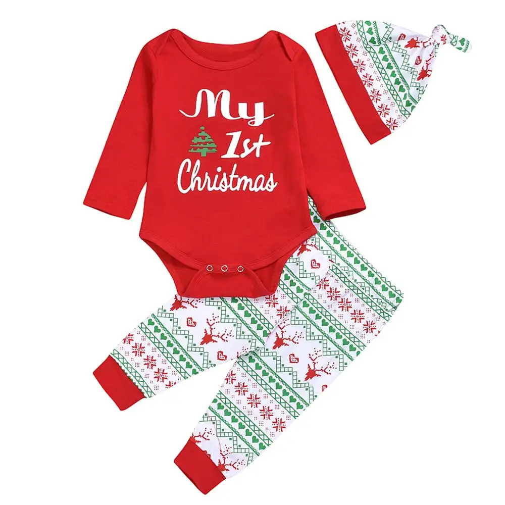 Г. Новинка, милый детский Ромпер брюки с надписью «My First Christmas» для маленьких мальчиков и девочек шляпа, наряды Рождественский комплект, осенняя одежда, комплект из 3 предметов