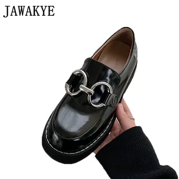 

British Thick sole women Loafers Round toe Metal eyes designer Casual Flat Shoes Woman slip on Black Leather Platform lady Shoes