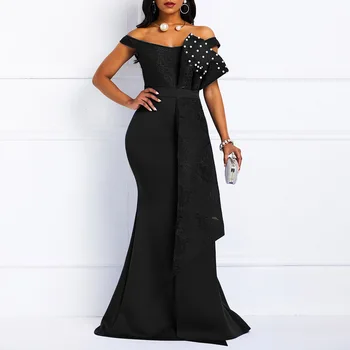 

Women Off Shoulder Long Dress Sexy Mermaid Slash Beads Fashion Skinny Robe Prom Evening Lady Elegant 2019 Summer Maxi Dresses