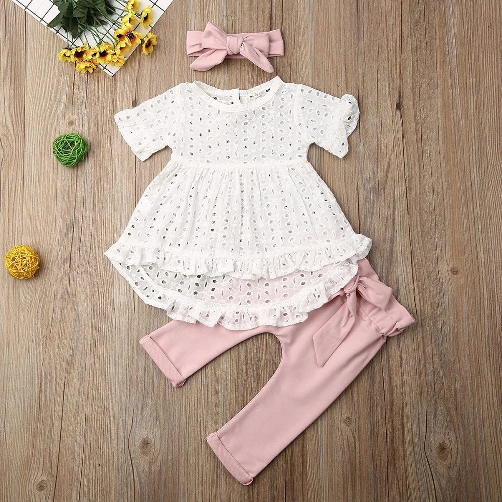 Изысканная одежда для девочек; 3 предмета; Одежда для новорожденных девочек; Топ; футболка; кружевное платье; комплект со штанами с бантом