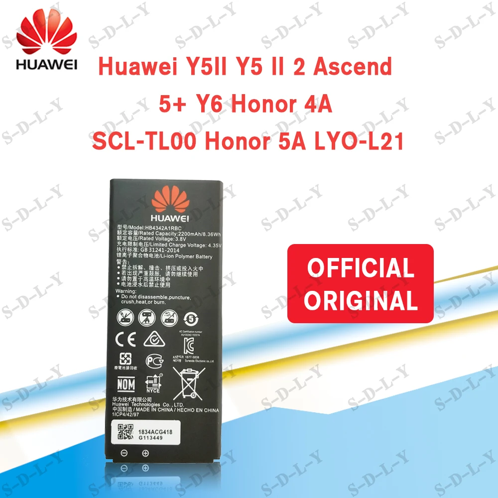 

Hua Wei 100% Orginal HB4342A1RBC 2200mAh Battery For Huawei Honor 4A Honor 5A LYO-L21 Y5II Ascend 5 + Y6 SCL-TL00 CUN-U29