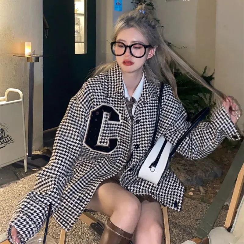 

Qianniao plaid coat women's autumn and winter 2021 new sweet cool niche design loose collar woolen top