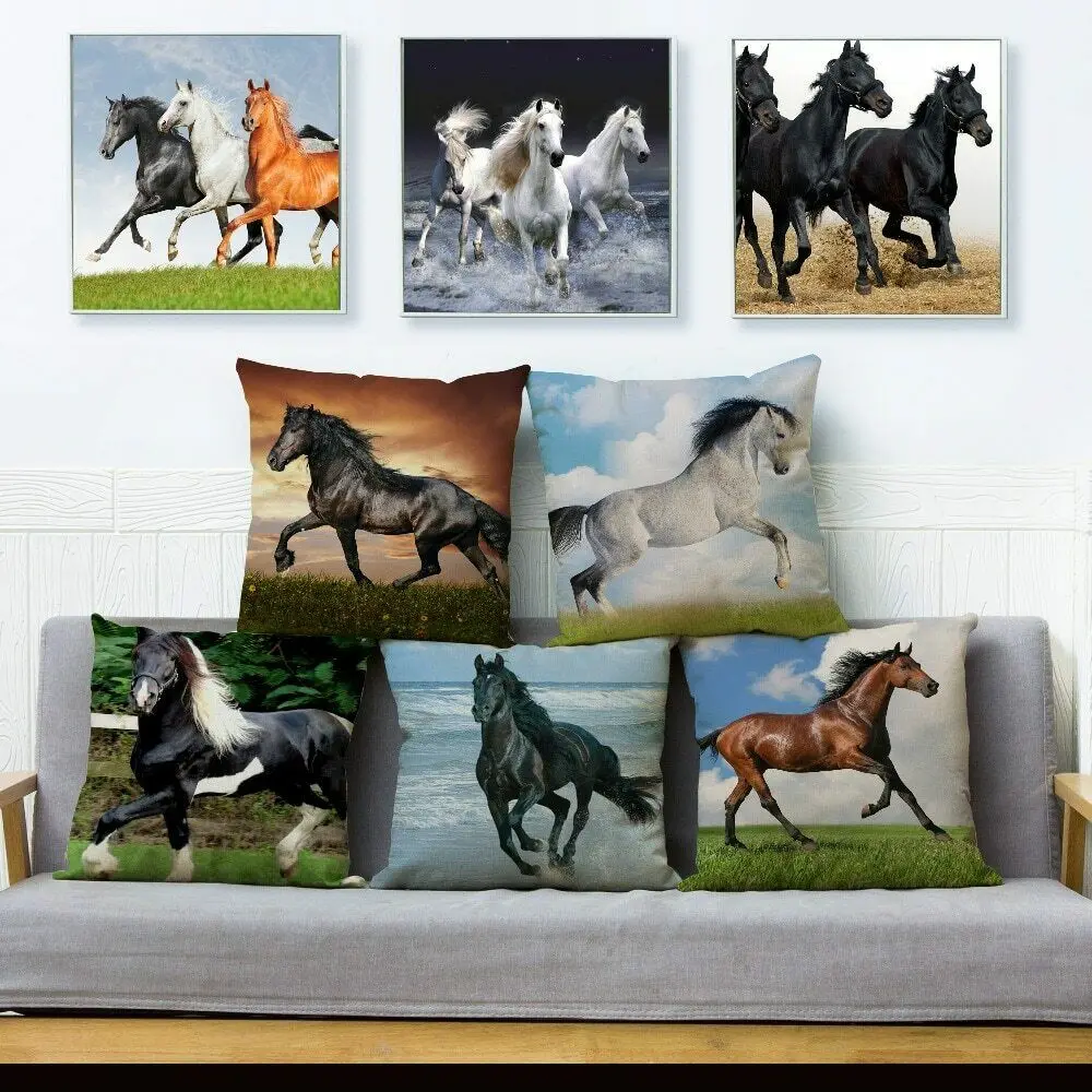 

Running Horse Print Throw Pillow Cushion Covers Linen Pillows Cases Sofa Home