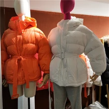 

FAKUNTN New Down Coat Winter Women's Warm Bread Clothes White Duck Down Jacket For Woman Short Casual With Waist Belt Outer Wear