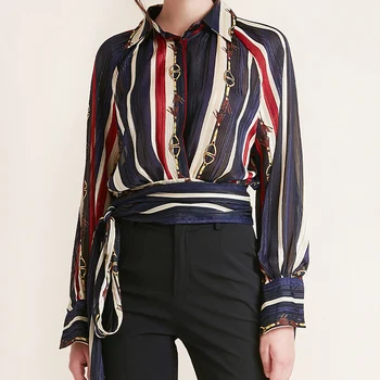 

GOXEOU Women's Chiffon Shirt Long Sleeve Striped Color Collar Slim Fit Joker Top Street Fashion Casual Commuting