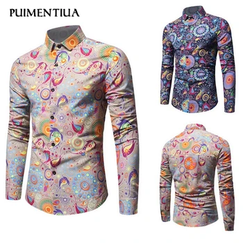 

Puimentiua Men Fashion Retro Style Floral Print Long Sleeved Spring Casual Shirt 2020 Plus SIze Button Up Turn Down Collar Shirt