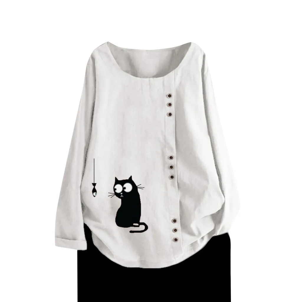 Футболки женские с длинным рукавом Хлопок Лен кафтан дамы мешковатые кошка печати футболки топы M-5XL poleras mujer de moda осень - Цвет: Белый