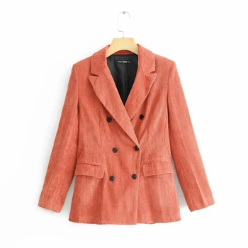 

PUWD Vintage Woman Coral Red Corduroy Blazer Coat 2020 Fashion Ladies Autumn Double Breasted Jacket Female Casual Outerwear