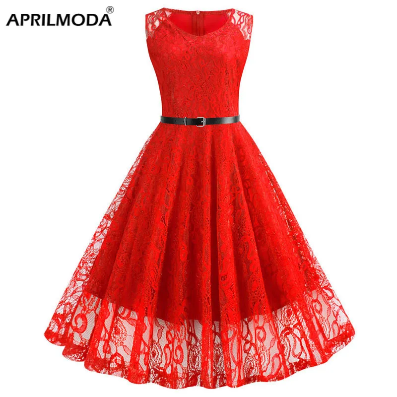 

Lace Vintage Dress Women Summer Sleeveless Sexy Red Party Dresses Casual Elegant Midi Office Vestidos Robe Femme Plus Size