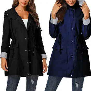 

2020 Women Casual Waist Drawstring Pockets Hooded Coat Waterproof Jacket Raincoat Windbreaker Hiking Jacket Waterproof Coats