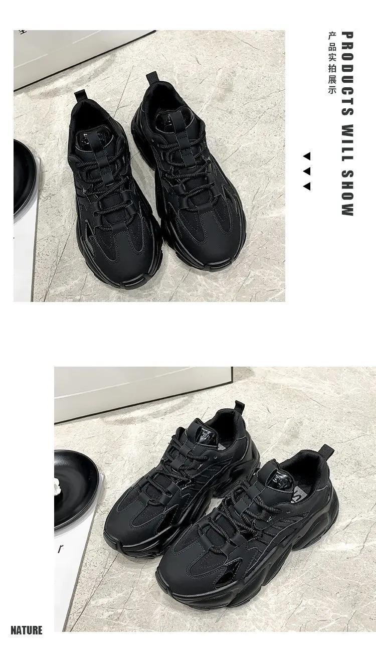 2022 Black Platform Sneakers Women Shoes Casual Lace Up Thick Sole Shoes Woman Beige Chunky Sneakers Leather Vulcanize Shoes