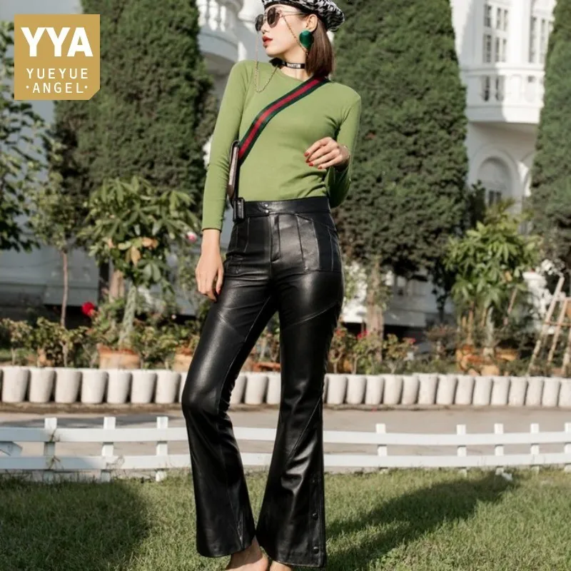 womens black leather bootcut pants