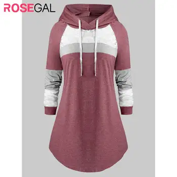 

ROSEGAL Plus Size Women Hooded Long Sleeve Top Lace Panel Colorblock Curved Tunic Tee Drawstring Hoodie Sweatshirt Pullover Tops