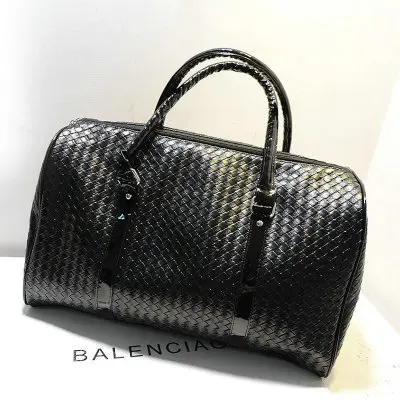 

2018 Autumn & Winter WOMEN'S Bag New Style Men's Woven Pattern Large Capacity Solid Black Hand PU Leather Travel Large Bag