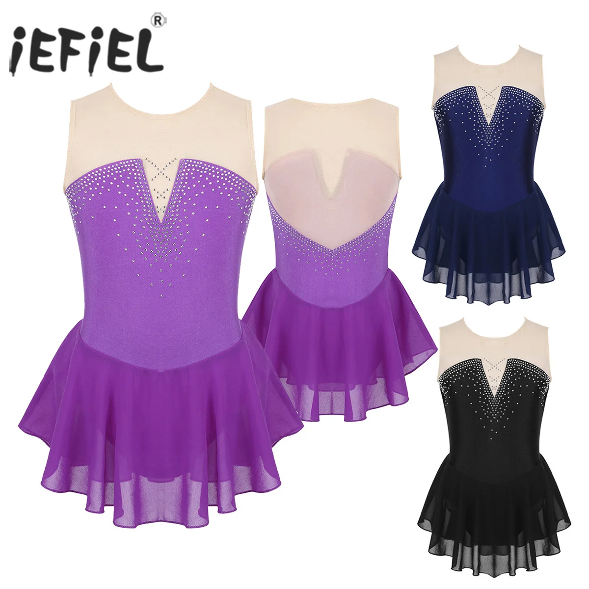 

iEFiEL Kids Girls Sparkly Inlaid Rhinestone Mesh Splice Skating Ballroom Competition Ballet Dance Gymnastics Leotard Dress