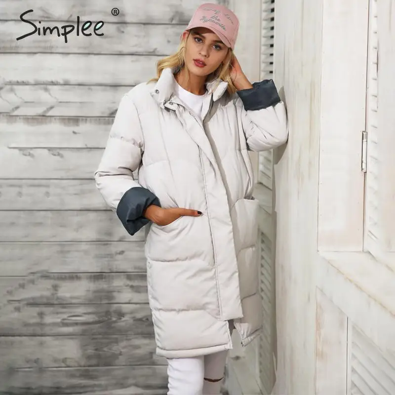 Comprare Simplee Cotone imbottito caldo nero parka Delle Donne del rivestimento della chiusura lampo tasca della tuta sportiva parka 2018 Autunno inverno casual cappotto femminile