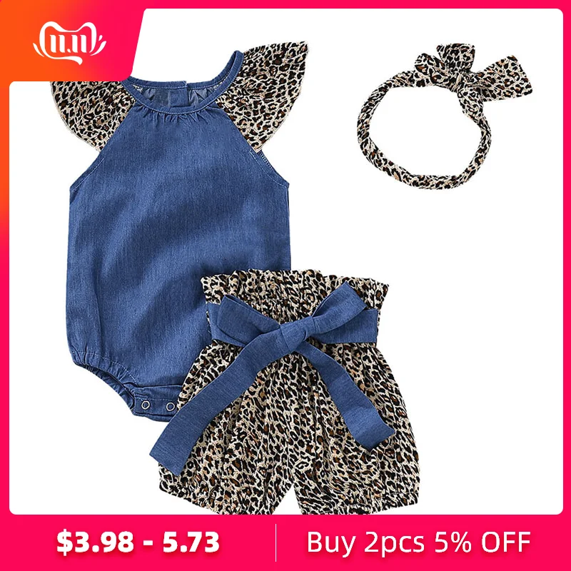 Джинсовый комбинезон для маленьких девочек, комбинезон+ шорты с леопардовым принтом+ повязка на голову, комплект одежды для новорожденных