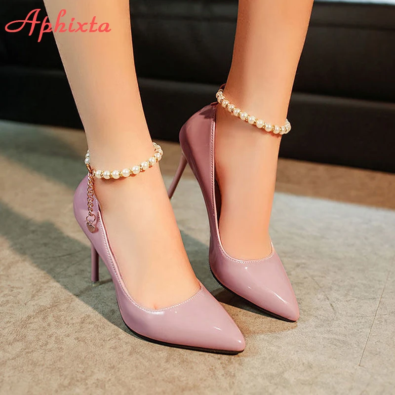 Aphixta Pearl Chain Luxury 10cm Thin Heels Pointed Toe Pumps Women Official Patent Leather Shoes Wedding Plus Big Size 49 50