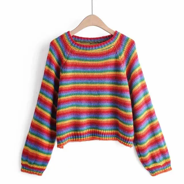 Rainbow Striped Knitted Women's Pullover Sweater Queerks™