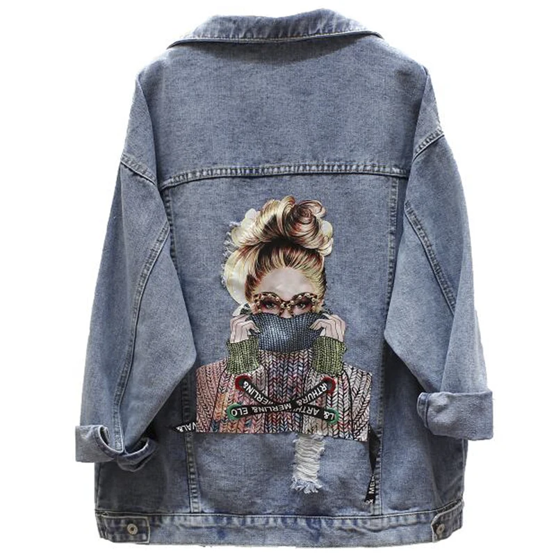 Women Denim Jacket Fashion Streetwear Letter Stylish 2021 Chic  Printed Ripped Holes Jean Patchwork BF Style Jeans Female Coat