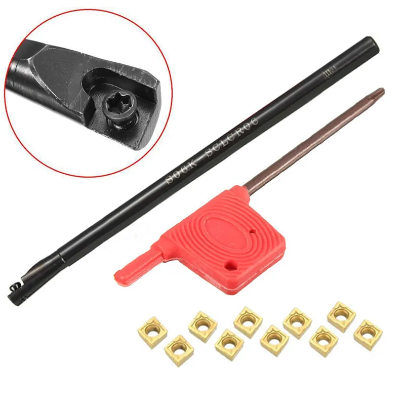 

6x125mm S06K-SCLCR06 Turning Tool Holder + 10pcs CCMT060204 Inserts with T8 Wrench For CNC Lathe Tool