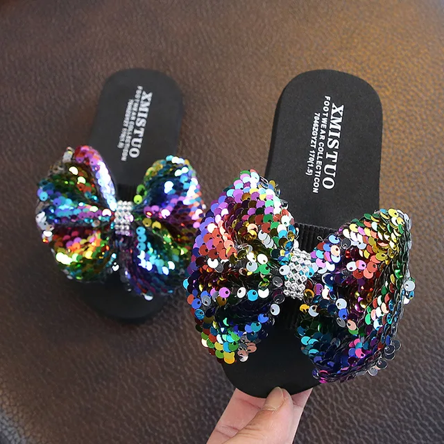 2021 Slides Women Platform Flip Flops Girls Slippers Sequin Bow Sandals  Outer Wear Flat Non slip Parent child Beach Shoes|Slippers| - AliExpress