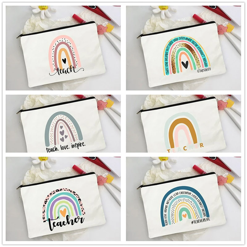 

Teach Love Rainbow Print Makeup Bag Canvas Cosmetic Organizer Teacher Survival Kit Gift for Teacheres Teacher Appreciation