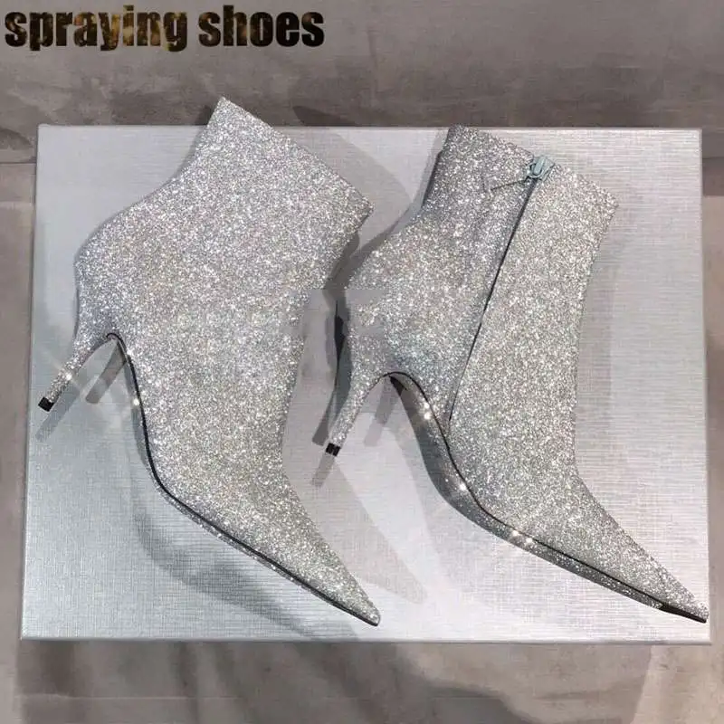 

Fashion Sliver Glitter Women Pointy Toe Ankle Boots Luxury Sequins High Heel Boots Sexy Ladies Prom Party Shoes Zipper Booties