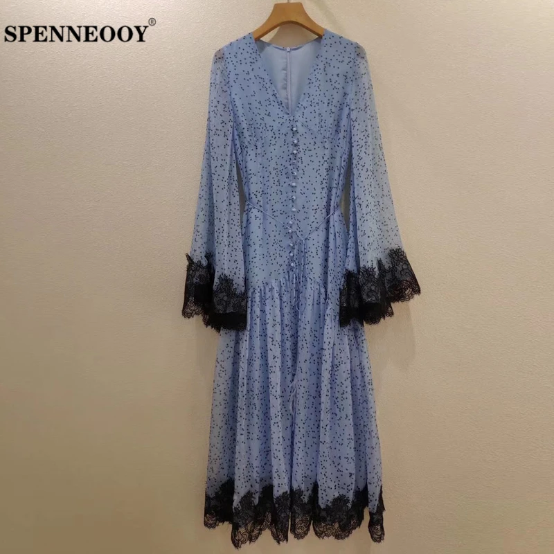 

SPENNEOOY Designer Custom Runway Women Spring Sexy V-Neck Dot Print Boho Holiday Long Dresses Ladies Lace Splice Maxi Dress