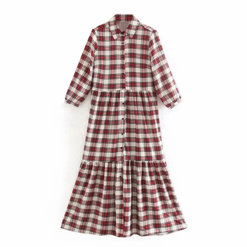 ZOEPO Plaid Printed Dresses Women Fashion Turn Down Collar Three Quarter Dress Women Elegant Long Dresses Female Ladies KA