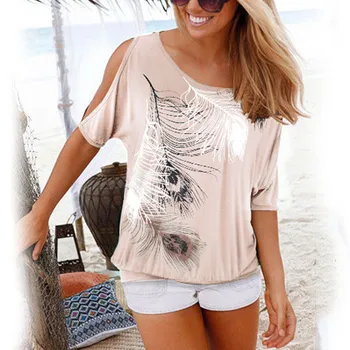 

2020 Women Summer Tshirt Casual Short Sleeve Tops Tees Sexy Off Shoulder Feather Print T-Shirt O-neck Loose Plus Size 5XL Shirts