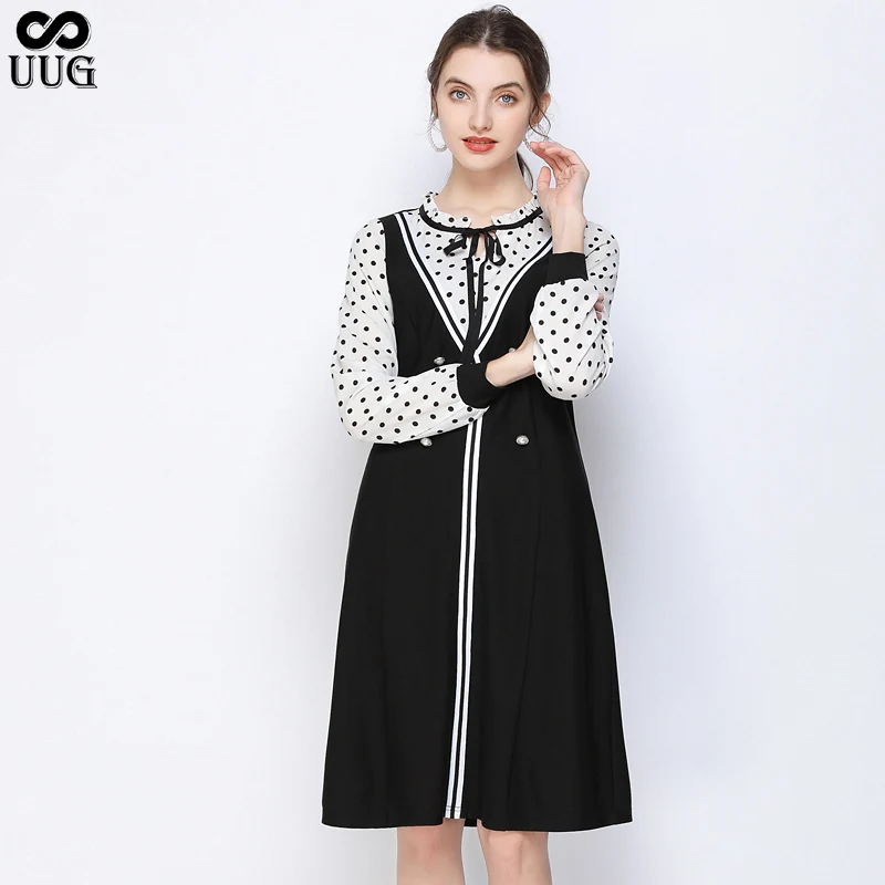 

UUG Autumn plus size women's fashion ruffled stand-up collar contrast color wave dot stitching, A-line dress black and white