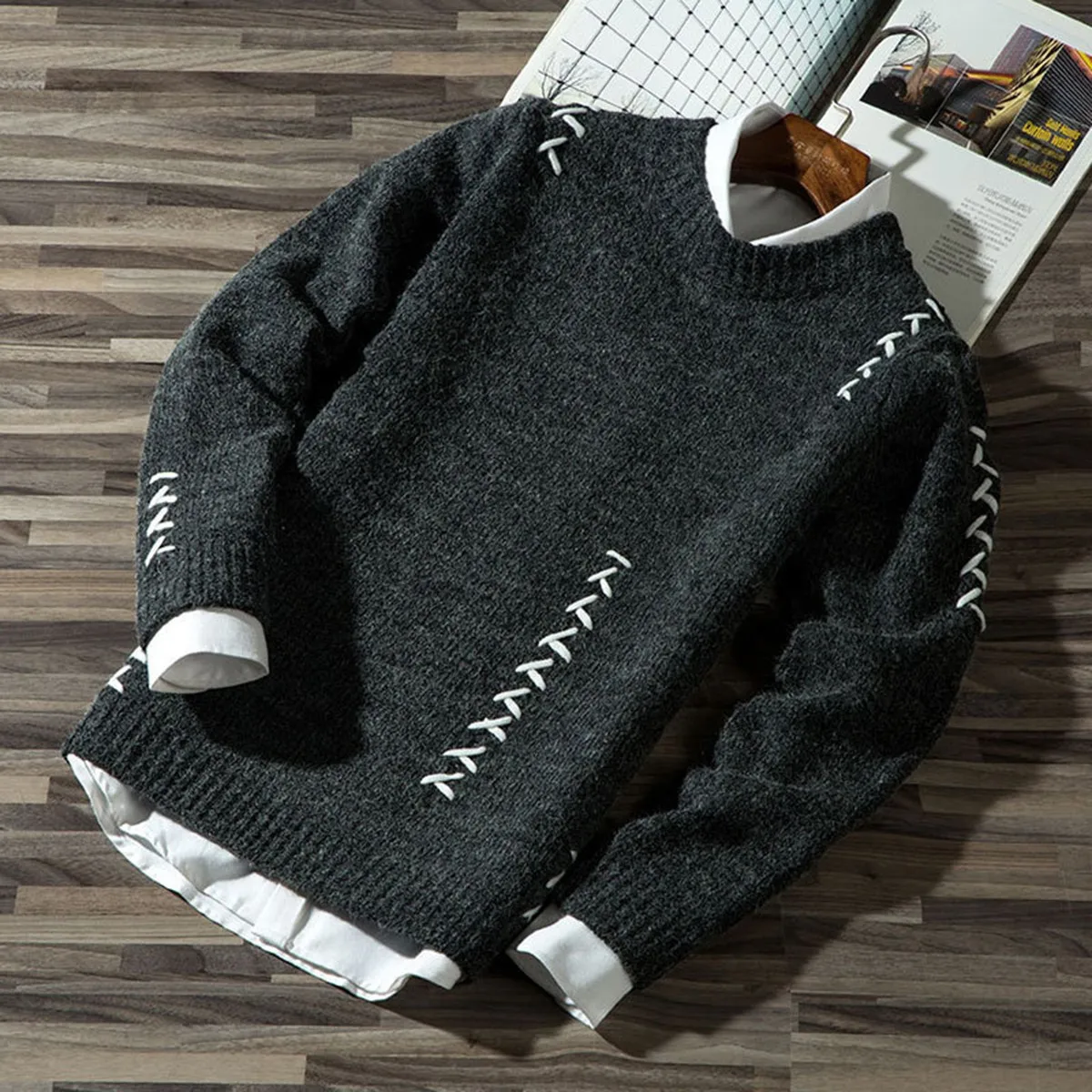 2019 Men s Casual Autumn Fashion Casual Strip Color Block Knitwear Jumper Pullover Sweater sale Material 3
