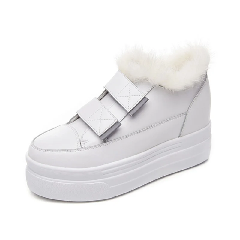 

Genuine Leather Platform Shoes Women Boots 2019 Winter Casual Hook & Loop White Black Shoes Woman Winter Boots Warm Female Boot