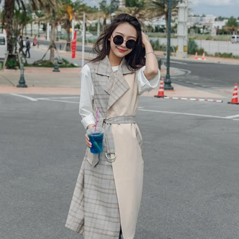 

Photo Shoot INS Super Fire Double Purpose Plaid Waistcoat Trench Coat Women's Elegant Waist Hugging Lace-up Suit Collar Long CHI