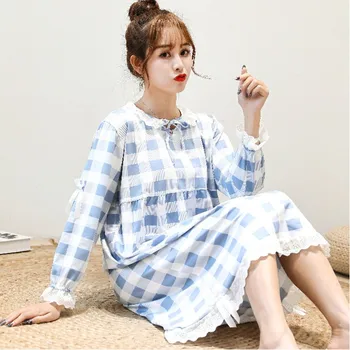 

Women Spring Long Sleeve Sleep Dress Fashion Loose Girl Literary Plaid One-piece Dress Lady Night Dress Young Girl Night