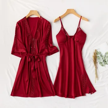 

Home Clothing Women Lace Burgundy 2pcs Robe Set Nightwear Kimono Bathrobe Gown Casual Hollow Out Homewear Sleepwear Negligee