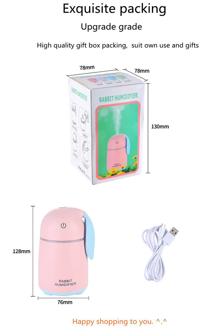 Ultrasonic Air Humidifier for Baby Pregnant Cartoon Rabbit 250ML USB Essential Oil Diffuser LED Light Lamp Car