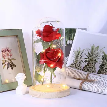 

Dropshipping 2 Roses Glass Cover With Light Decoration LED Night Light Birthday Party Decoration Valentine's Day Gifts