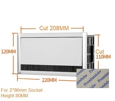 For 2 86MMSockets Алюминиевый прямоугольный провод кабель настольного типа втулка коробка для офисного стола буферная откидная крышка щетка для 86 мм USB AC разъем - Цвет: For 2 86MMSockets