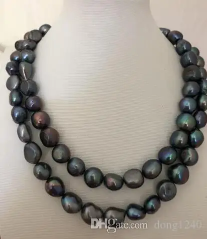 

Double strands 11-12mm tahitian black baroque green pearl necklace 18