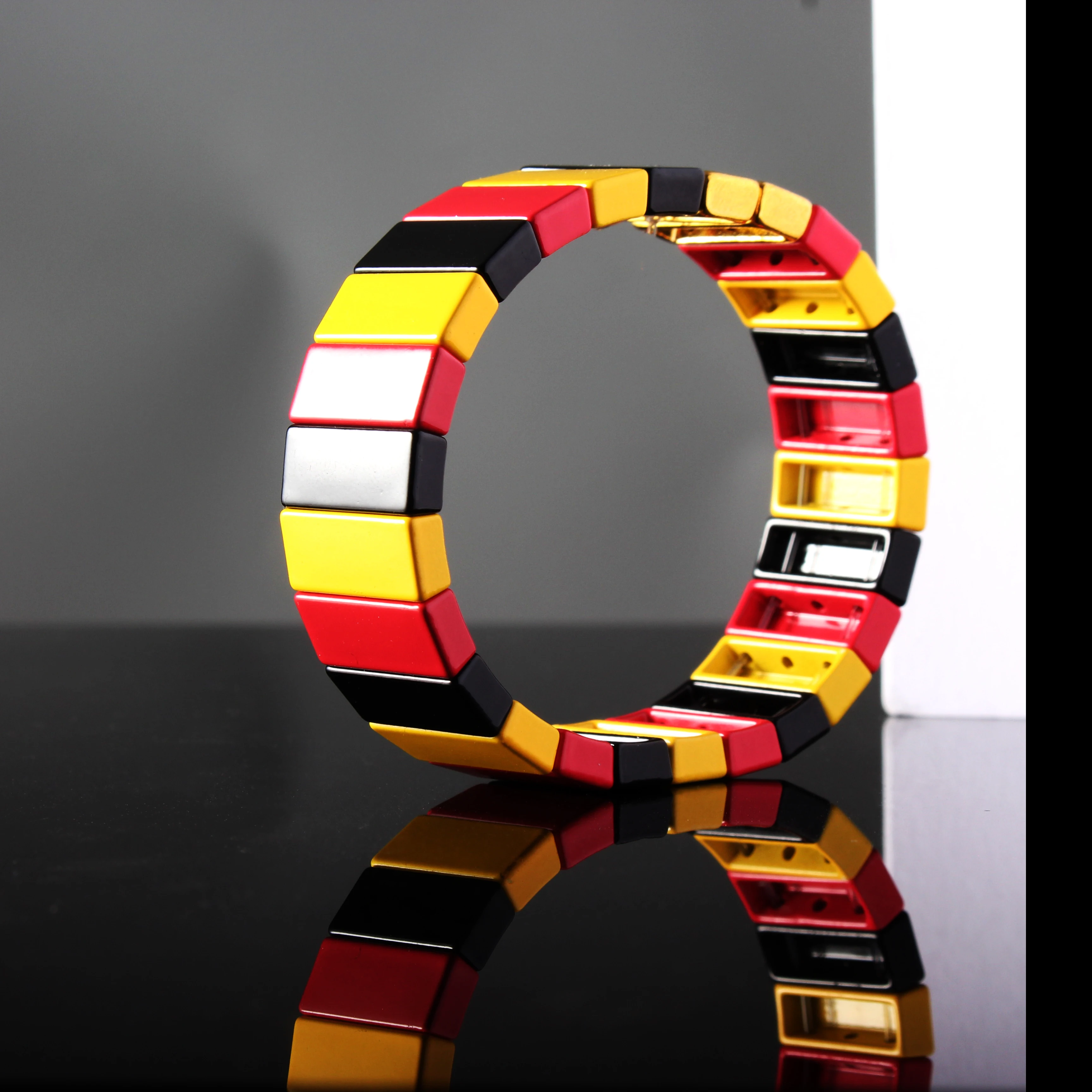 

Handmade DIY Rainbow Tile Bracelets Bohemia Metal Tila Elastic Stackable Army Bangle for Women Valentine's Day Girlfriend Gifts