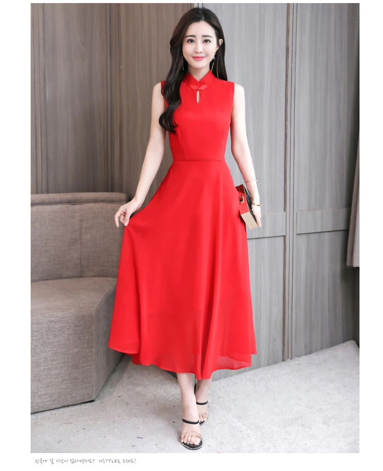 Zf8023@ Feimina улучшенное платье Cheongsam приталенное однотонное платье средней длины платье без рукавов