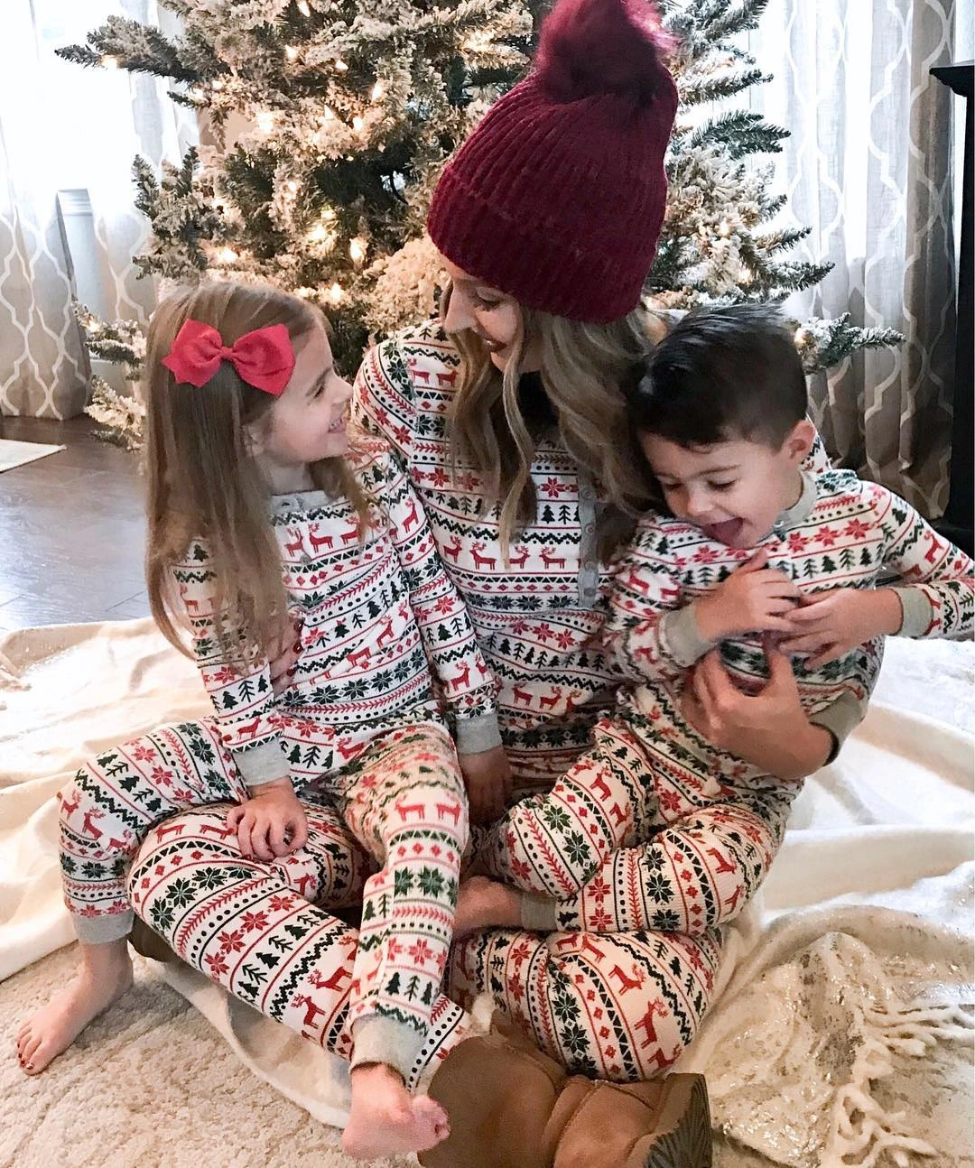 

Christmas Pajamas Nighty Family Suits with Elk Tree Nightclothes Printing Long Sleeve Long Pants Autumn Spring Sleepwear