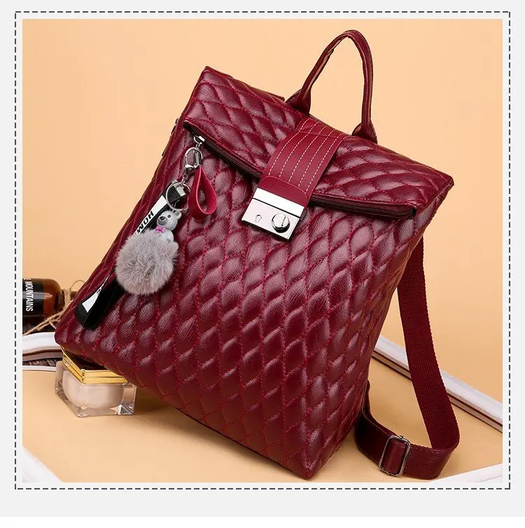 2019 Brand Designer Women's Quilted Leather Backpack Purse Ladies Fashion Leisure Rucksacks Anti Theft Backpacks with Lock Black (6)