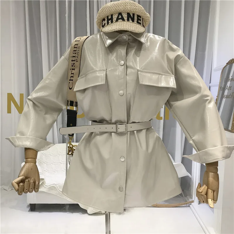 Ideal ALPHALMODA Autumn 2019 New Designer's Eye-catching Belt-tied Bright PU Leather Garment Mid-long Coa