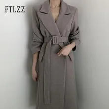 Модное женское повседневное плотное шерстяное пальто Осень Зима Новая Женская средней длины с отложным воротником и поясом