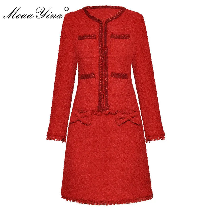 

MoaaYina Fashion Designer Set Spring Autumn Women Long sleeve jacket Tops+Bowknot Short skirt Two-piece suit